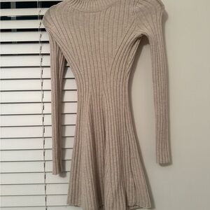 Hollister Ribbed Long-Sleeve Flared Dress in Taupe